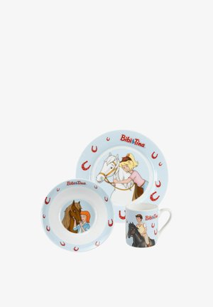 Ceramic dishware set featuring a blue color, cartoon characters, and horseshoe patterns. Includes a plate, bowl, and mug.