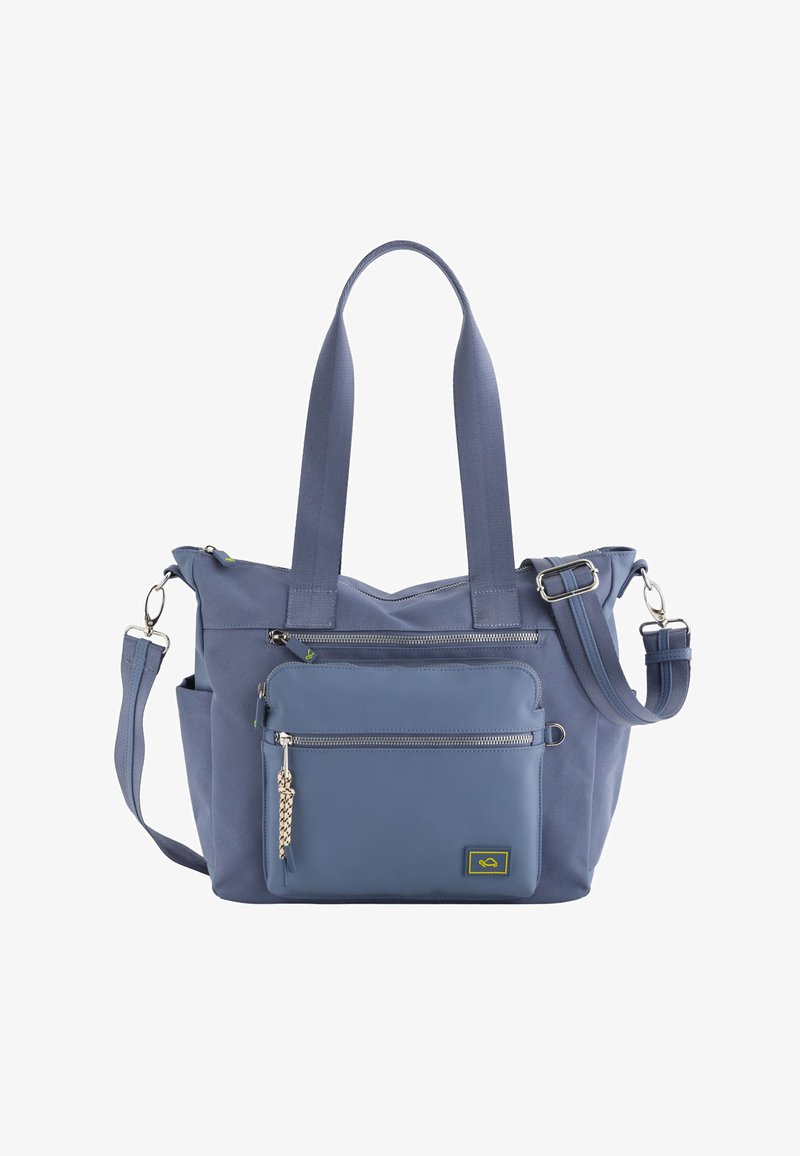 Niebieska torba na ramię wykonana z trwałego materiału, z dwoma uchwytami, odpinanym paskiem na ramię oraz wieloma zapinanymi kieszeniami do organizacji.