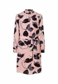 Blumenkleid aus weichem pinkfarbenem Stoff mit langen Ärmeln, hohem Kragen und einer Bindegürtel. Besetzt mit dunklen Blattmustern und leichtem Glanz.
