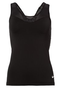 Débardeur de sport noir sans manches avec un détail en mesh au niveau de l'encolure et un petit logo Nike blanc en bas à droite.