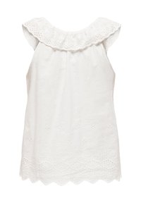 Blouse blanche sans manches avec col en dentelle à œillets volanté et ourlet festonné orné de motifs floraux brodés.