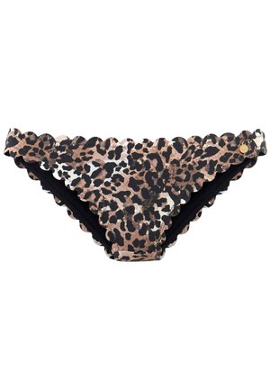 Bas de bikini imprimé léopard avec des bords festonnés, composé d'un mélange de couleurs noir, marron et blanc, avec une doublure intérieure noire.