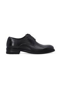 Schwarze Lederschuhe für Herren mit Schnürung, niedrigem Absatz und runder Zehenform, im Profil von rechts auf weißem Hintergrund gezeigt.