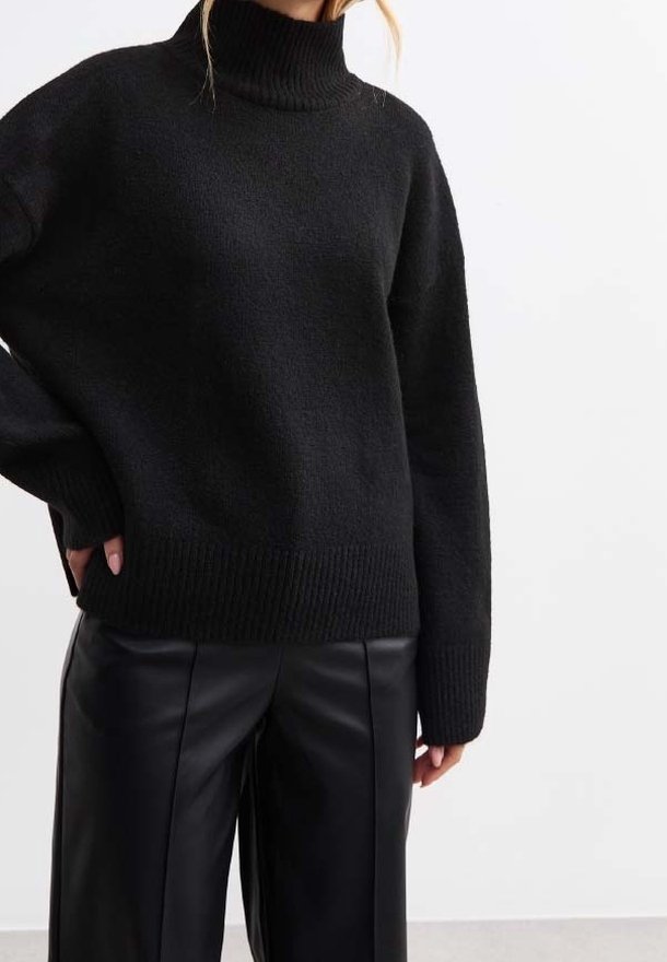 Schwarzer übergroßer Rollkragenpullover mit gerippten Bündchen und Saum. Weiche Textur, lockere Passform. Kombiniert mit schwarzen Lederhosen.