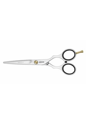 Stainless steel scissors with ergonomic design, elongated blades, black rubber finger rings, and a gold adjustment screw.