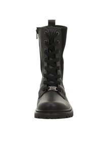 Czarny botek za kostkę z gładkim skórzanym noskiem, teksturowanymi bokami z tkaniny, metalowymi elementami oraz przodem z wiązaniem na sznurowadła i bocznym zamkiem.