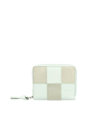 Light green and beige checkered leather wallet with a textured surface, zip closure, and a silver hardware accent. Compact design.