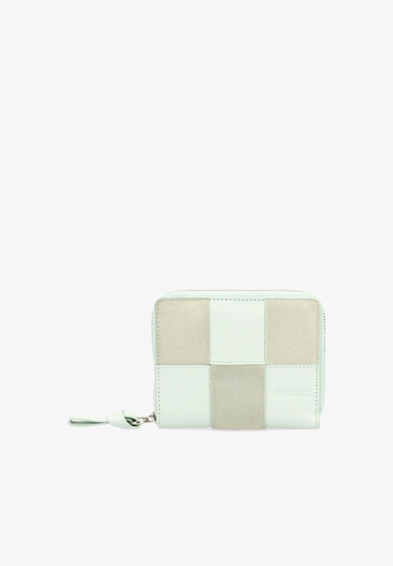 Light green and beige checkered leather wallet with a textured surface, zip closure, and a silver hardware accent. Compact design.