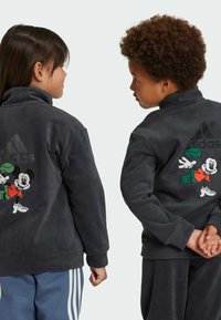 Giubbotti di felpa grigi con colletto alto, caratterizzati da una grafica colorata di Topolino sulla schiena. Polsini a costine. Logo Adidas sopra il design.