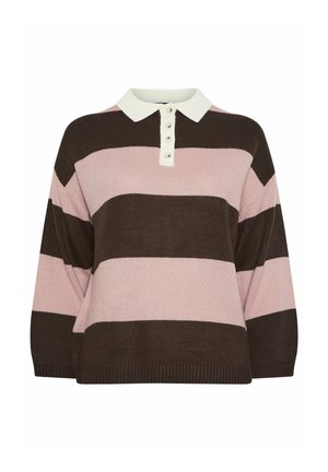 Knit pullover with a polo collar, featuring horizontal stripes in pink and brown. Accented with a white collar and button placket. Relaxed fit.