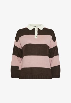 Gebreide pullover met een polo kraag, met horizontale strepen in roze en bruin. Heeft een witte kraag en knopenlijst als accent. Relaxte pasvorm.