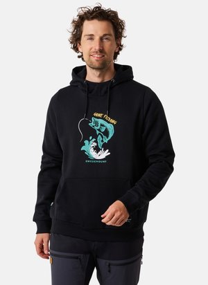 Hoodie noir avec un graphique "Parti Pêcher" représentant un poisson et des vagues, fabriqué en tissu doux avec une poche avant et une capuche à cordon.