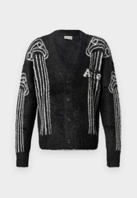Cardigan negro y esponjoso con patrón de columnas en blanco. Presenta un escote en V, seis botones en el frente y puños y dobladillo acanalados.
