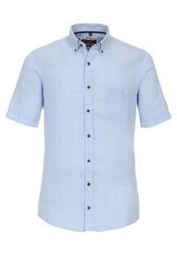 Light blue short-sleeve shirt made of linen with a button-down collar, front pocket, and black buttons along the placket.