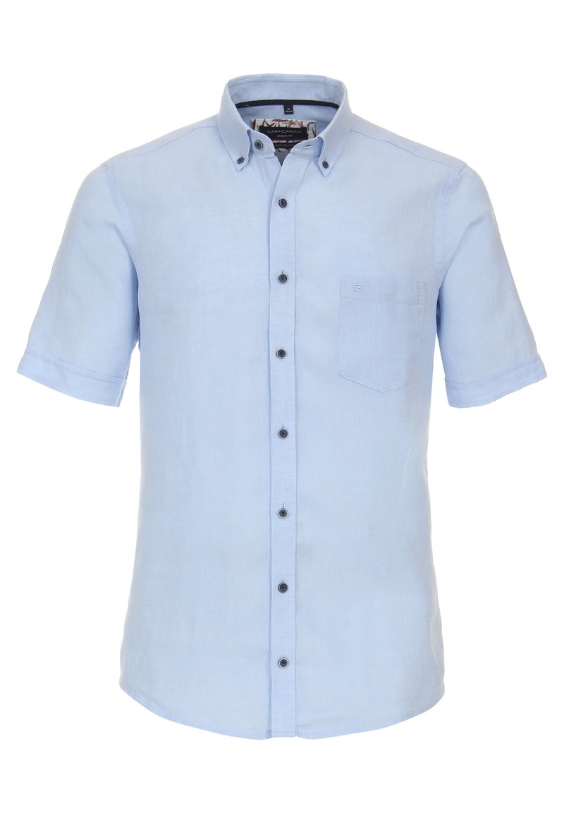 Light blue short-sleeve shirt made of linen with a button-down collar, front pocket, and black buttons along the placket.
