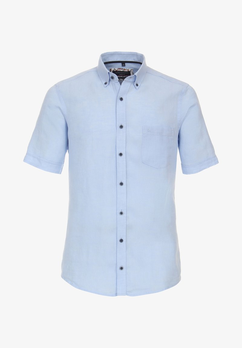 Light blue short-sleeve shirt made of linen with a button-down collar, front pocket, and black buttons along the placket.