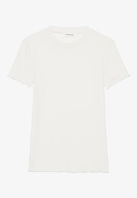 White t-shirt made of soft fabric, featuring short ruffled sleeves and a regular fit. Round neckline, simple design without patterns.