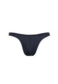 Marineblaue Tangas aus weichem, dehnbarem Stoff. Verfügt über ein tief sitzendes Design mit schmalen Seitenbändern und einem gerafften Vorderteil.