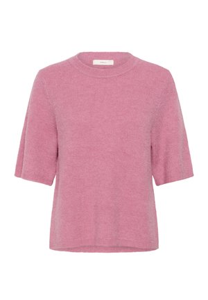 Trumpomis rankovėmis megztinis švelnios rožinės spalvos, pagamintas iš minkštos mezgimo medžiagos, su apvaliu kaklu ir subtilia tekstūra. Dizainas apima laisvą siluetą ir apačią su apdaila.