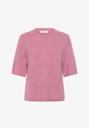 Pulover s kratkimi rokavi iz mehkega rožnatega pletenega blaga z okroglim izrezom in nežno teksturo. Zasnova vključuje sproščen kroj in spodnji rob.