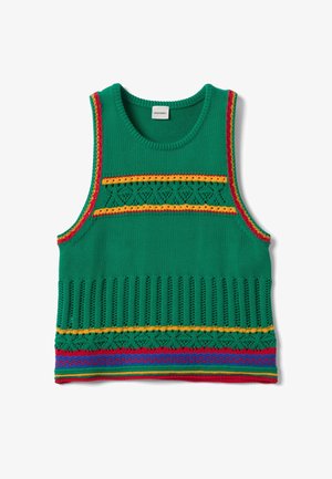 Gilet verde lavorato a maglia senza maniche con motivi orizzontali rossi, gialli, blu e arancioni e scollo rotondo.