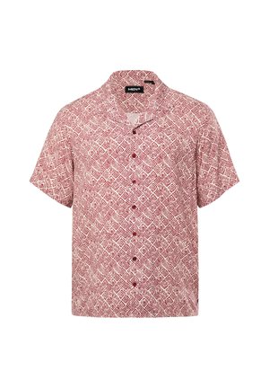 Korte mouwen overhemd met knopen, rood-wit geometrisch ruitenpatroon en open kraag.