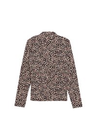 Zwarte blouse met lange mouwen en een bloemmotief in roze en wit. Voorzien van een klassieke kraag en een rechte snit. Glad stoffen textuur.