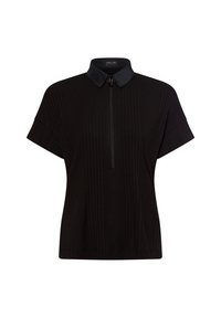 Zwart geribbeld kort mouwtopje met een Chinese kraag, voorzien van een ritssluiting aan de voorkant en een textuurstof voor comfort.