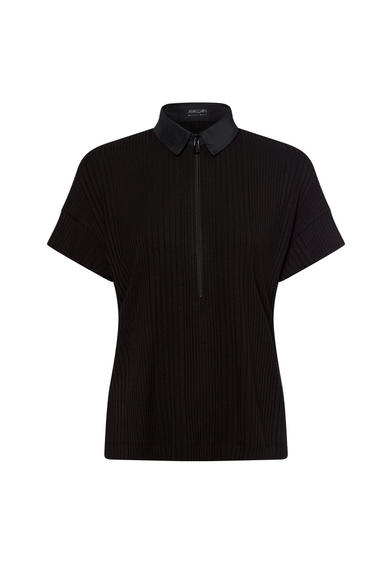Zwart geribbeld kort mouwtopje met een Chinese kraag, voorzien van een ritssluiting aan de voorkant en een textuurstof voor comfort.