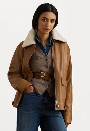 FAUX-SHEARLING-TRIM LEATHER JACKET - Bombera - cuoio/masc cream
