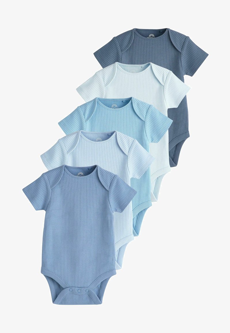 Set aus fünf Kurzarm-Babyanzügen in verschiedenen Blautönen, mit einem gerippten Muster und Druckknopfverschluss am unteren Ende.