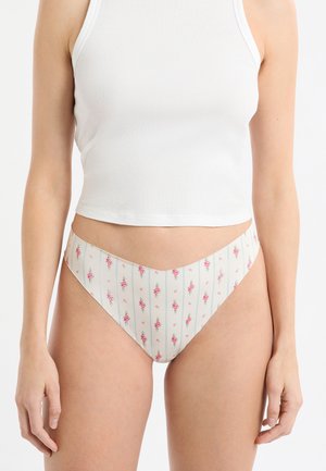 Bikinislip mit Blumenmuster auf hellem Cremehintergrund, verziert mit rosa Rosen und vertikalen Streifen, aus weichem, dehnbarem Stoff gefertigt.