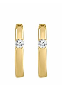 Pendientes de aro con tono dorado y acabado pulido, con un diamante redondo central como acento. Diseño liso y contemporáneo con una forma elegante.