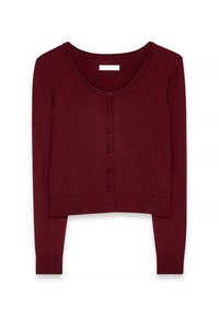 Burgundy cropped cardigan with long sleeves, round neckline, and seven button closures down the front. Soft, ribbed texture.