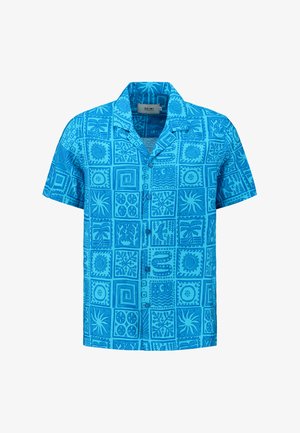 Chemise à manches courtes bleu à boutons avec des motifs complexes dans des nuances variées de bleu, confectionnée en coton léger.