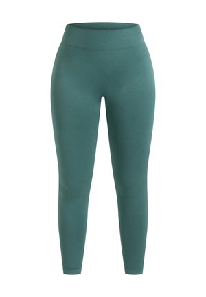 Leggings de talle alto en un color verde azulado oscuro, fabricados con una tela suave y elástica. Cuentan con un diseño sin costuras y una cinturilla ancha para mayor comodidad.