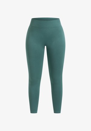 Korkeavyötäröiset legginsit tummansinisen vihreänä, valmistettu sileästä ja joustavasta kankaasta. Ominaisuuksiin kuuluu saumaton muotoilu, jossa on leveä vyötärökaistale mukavuutta varten.