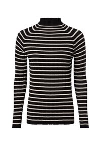 Black and white striped ribbed long-sleeve top with a high, ruffled neckline. Features varying stripe widths and a fitted silhouette.