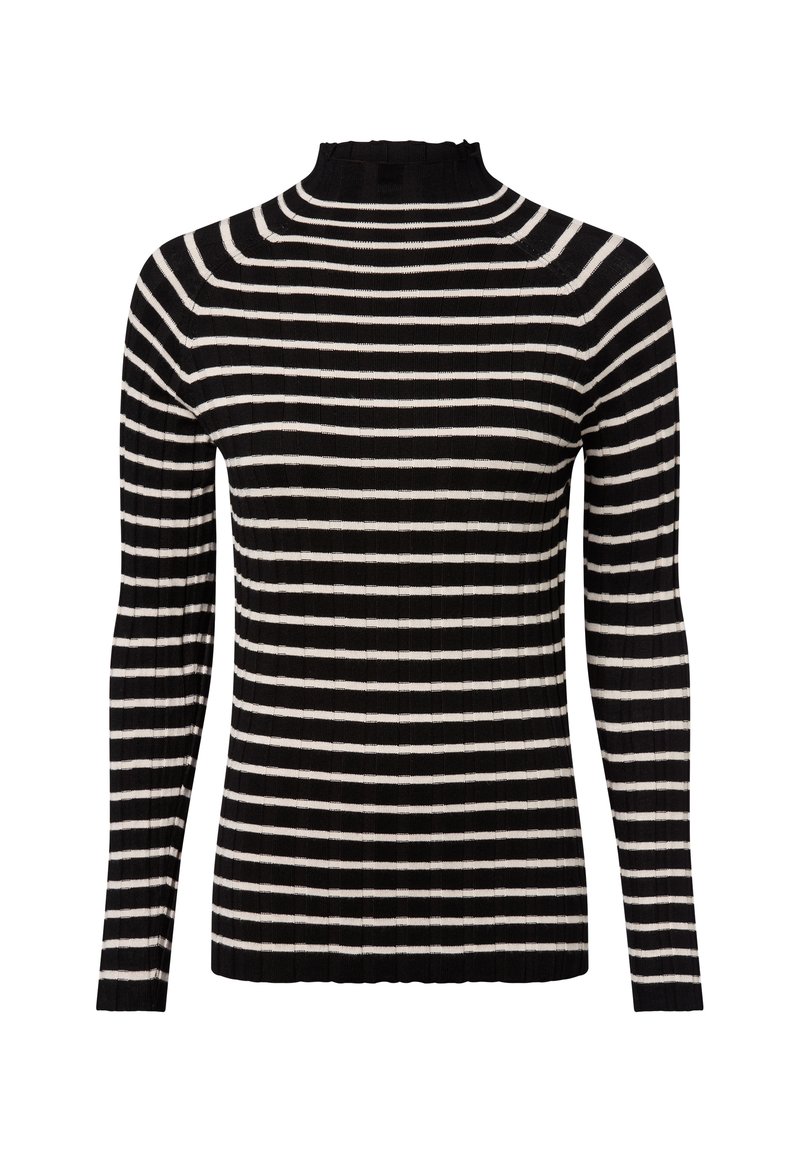 Black and white striped ribbed long-sleeve top with a high, ruffled neckline. Features varying stripe widths and a fitted silhouette.