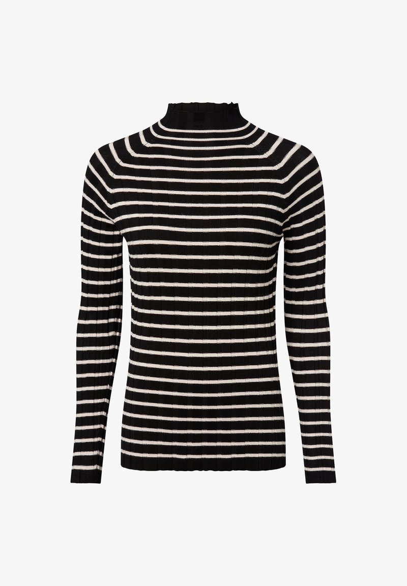 Top a maniche lunghe a righe bianche e nere con un collo alto e arricciato. Presenta strisce di diverse larghezze e una silhouette aderente.