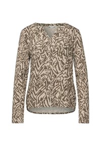 Langärmlige Bluse in Creme mit einem dunkelbraunen abstrakten Muster. Verfügt über einen V-Ausschnitt und eine Knopfleiste, hat eine lockere Passform und einen abgerundeten Saum.