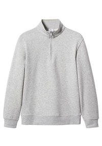 Sweat-shirt à col montant gris clair avec une fermeture éclair au quart, poignets et ourlet côtelés. Confectionné en tissu doux et texturé avec une coupe décontractée.