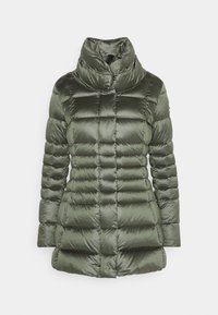 Puffy jacket in dark green with quilted sections, high collar, and a glossy finish. No visible fasteners or pockets.