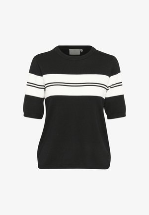 Black short-sleeve sweater with a round neck. Features bold white and thin black stripes across the chest. Knit texture, casual fit.