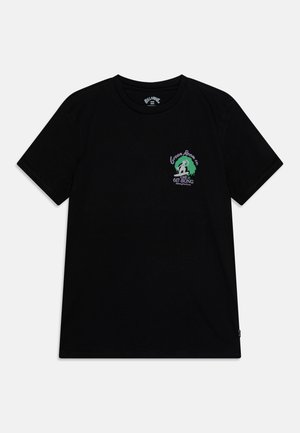 Black cotton t-shirt featuring short sleeves, a crew neck, and a colorful graphic logo on the left chest area.