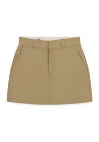 Gonna color khaki con vita aderente, passanti per cintura, due tasche laterali e zip frontale. Realizzata in un tessuto liscio e strutturato con una finitura pulita.