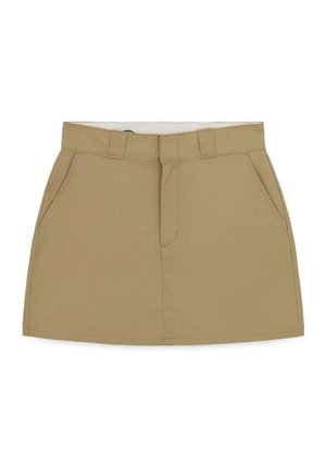 Khaki rok met een fitted taille, riemlussen, twee zijzakken en een ritssluiting aan de voorkant. Gemaakt van een gladde, gestructureerde stof met een nette afwerking.