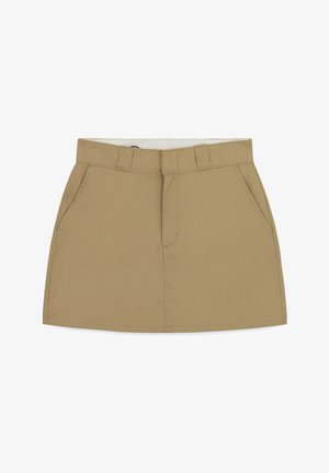 Khaki spódnica z dopasowanym stanem, szlufkami na pasek, dwiema bocznymi kieszeniami i zamkiem z przodu. Wykonana z gładkiego, sztywniejszego materiału o eleganckim wykończeniu.