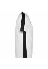 Witte T-shirt met zwarte zijpanele, korte mouwen en een ronde hals. Gemaakt van een zachte stof met een eenvoudig ontwerp en stiksels.