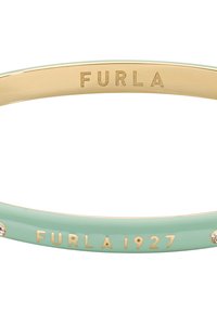 Brăță din metal cu ton de aur, în smalț verde deschis, având gravat "FURLA" și "FURLA 1927", cu mici accente de pietre prețioase. Textură netedă.